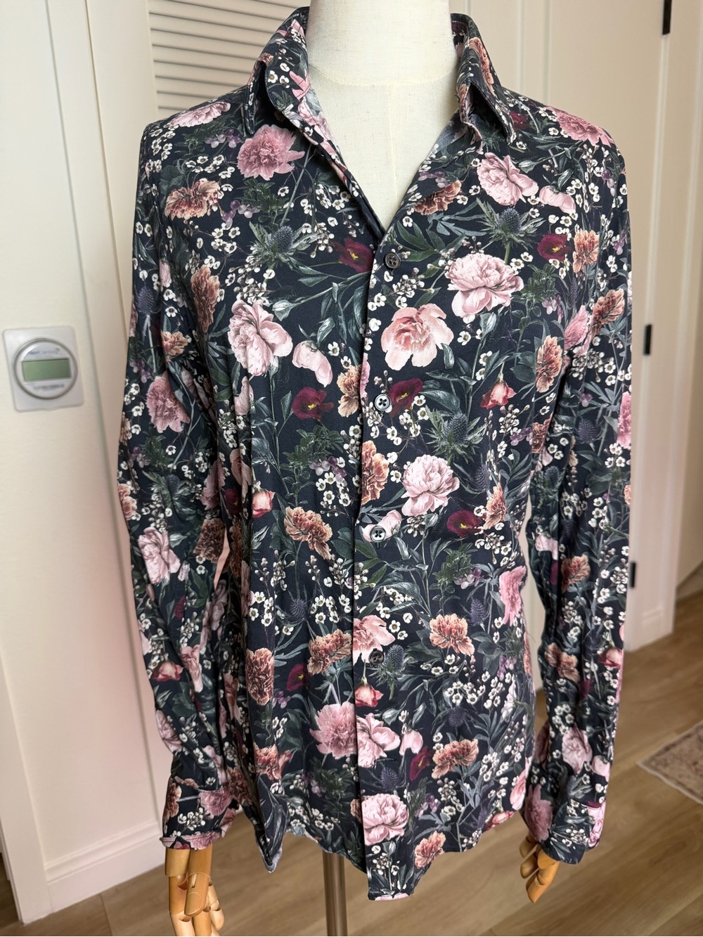 H&M Button-Down Shirt with Pink Floral Print Slim Fit
